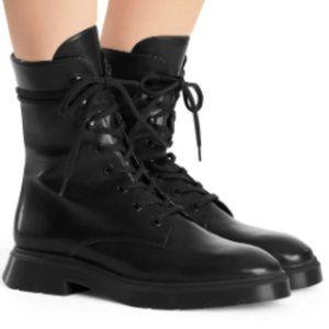 Stuart Weitzman Zadie Leather Combat Boots- Black, Size 39